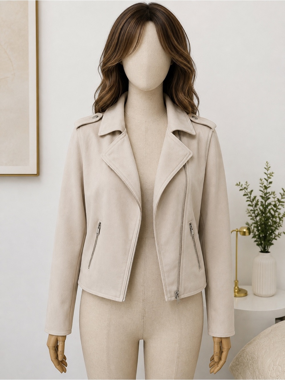 Philosophy , Cream Faux Leather Moto Jacket Size M, Chic Minimalist Biker Style,